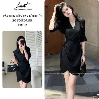 Đầm Đen Nữ Cổ V Thiết Kế Nhún Eo Tà Lệch Sang Chảnh LUST Váy Nữ Tay Lỡ Phong Cách Thanh Lịch TM102