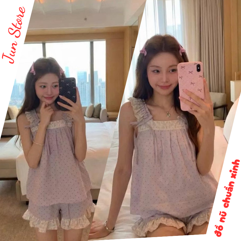 Set đồ mặc nhà nữ chất thun mát, Bộ pijama hai dây dáng xòe tiểu thư phong cách đáng yêu HCOM27628