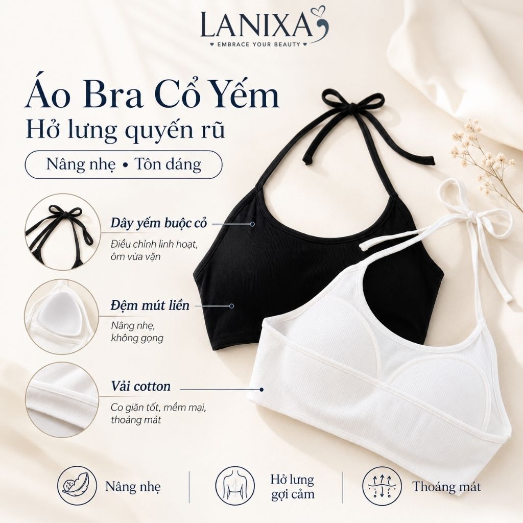 Áo bra không gọng cổ yếm đệm mút mỏng ôm ngực thoáng khí cotton dày dặn thấm hút mồ hôi LANIXA B8703