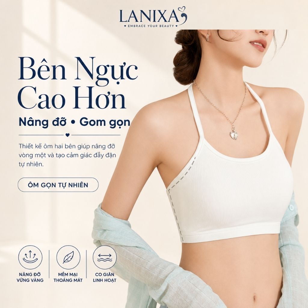 Áo bra không gọng cổ yếm đệm mút mỏng ôm ngực thoáng khí cotton dày dặn thấm hút mồ hôi LANIXA B8703
