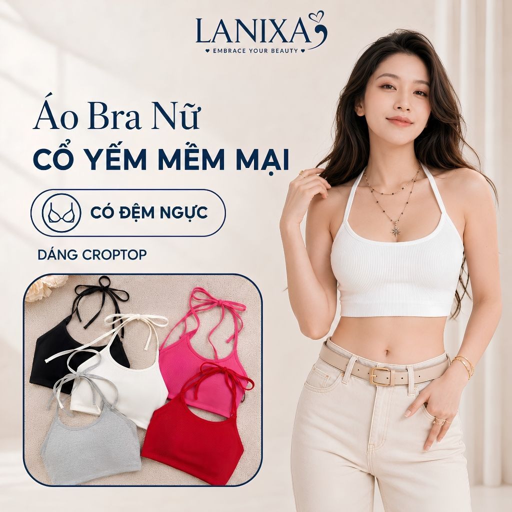 Áo bra không gọng cổ yếm đệm mút mỏng ôm ngực thoáng khí cotton dày dặn thấm hút mồ hôi LANIXA B8703