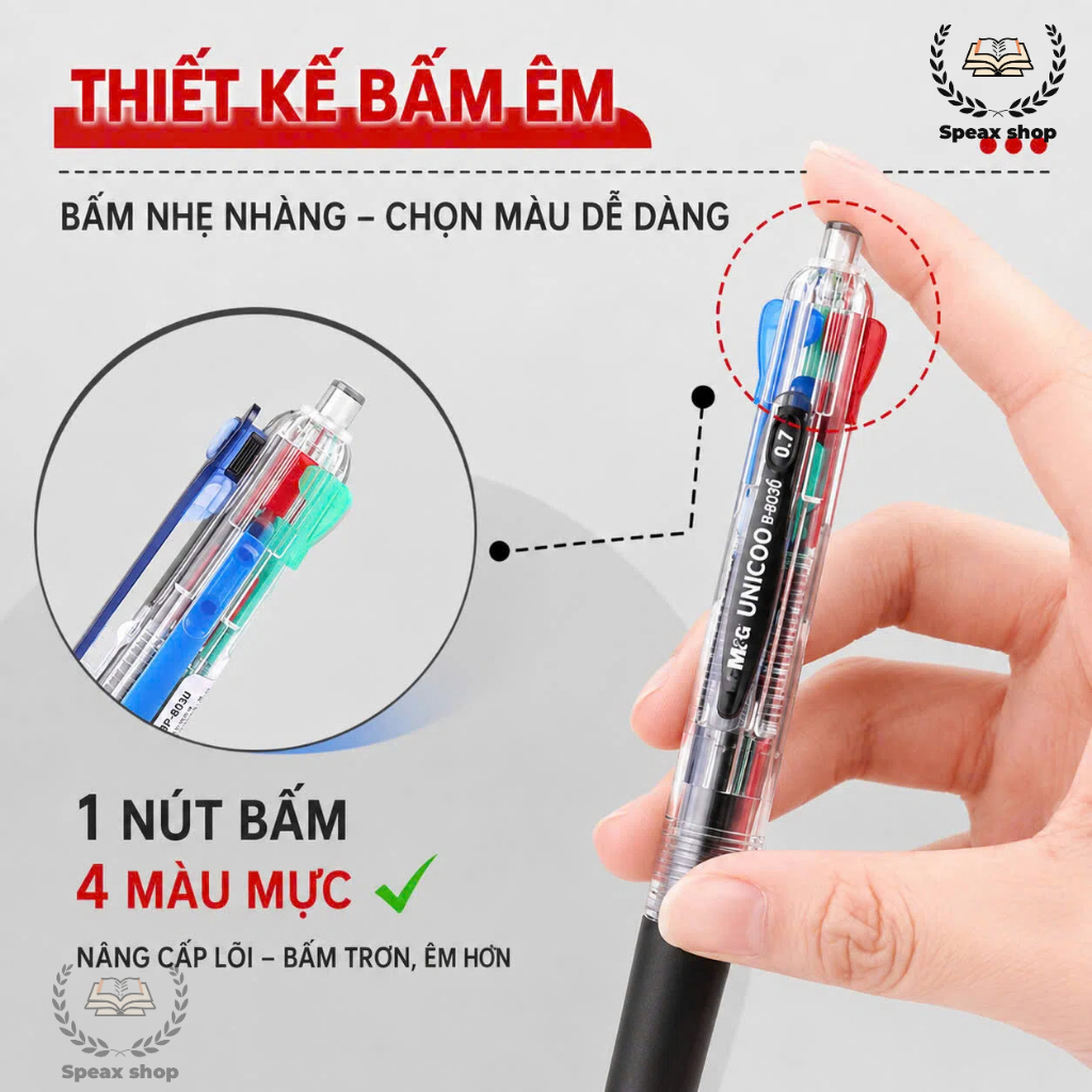 Bút Bi 4 Màu M&G ABP80371 0.7mm – Bút Bi Bấm 4 Trong 1, Đen/Xanh/Đỏ/Xanh Lá, Chuyển Màu Nhanh Cho Học Sinh Văn Phòng