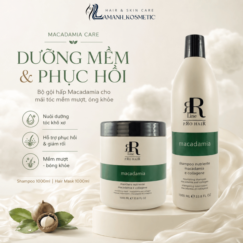 Combo Dầu Gội + Kem Ủ Xả RR Line Real Macadamia 1000ml | Dưỡng Tóc Mềm Mượt, Hỗ Trợ Phục Hồi Tóc Khô Xơ.