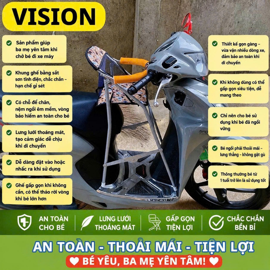 Ghế ngồi xe VISION có vòng an toàn , ghế ga xếp sắt sơn tĩnh điện , xếp gọn được