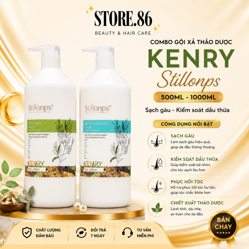 Combo Dầu Gội Xả Kenry Stillonps 500ml - 800ml Hỗ Trợ Giảm Gàu, Làm Sạch Bã Nhờn, Tóc Mềm Mượt