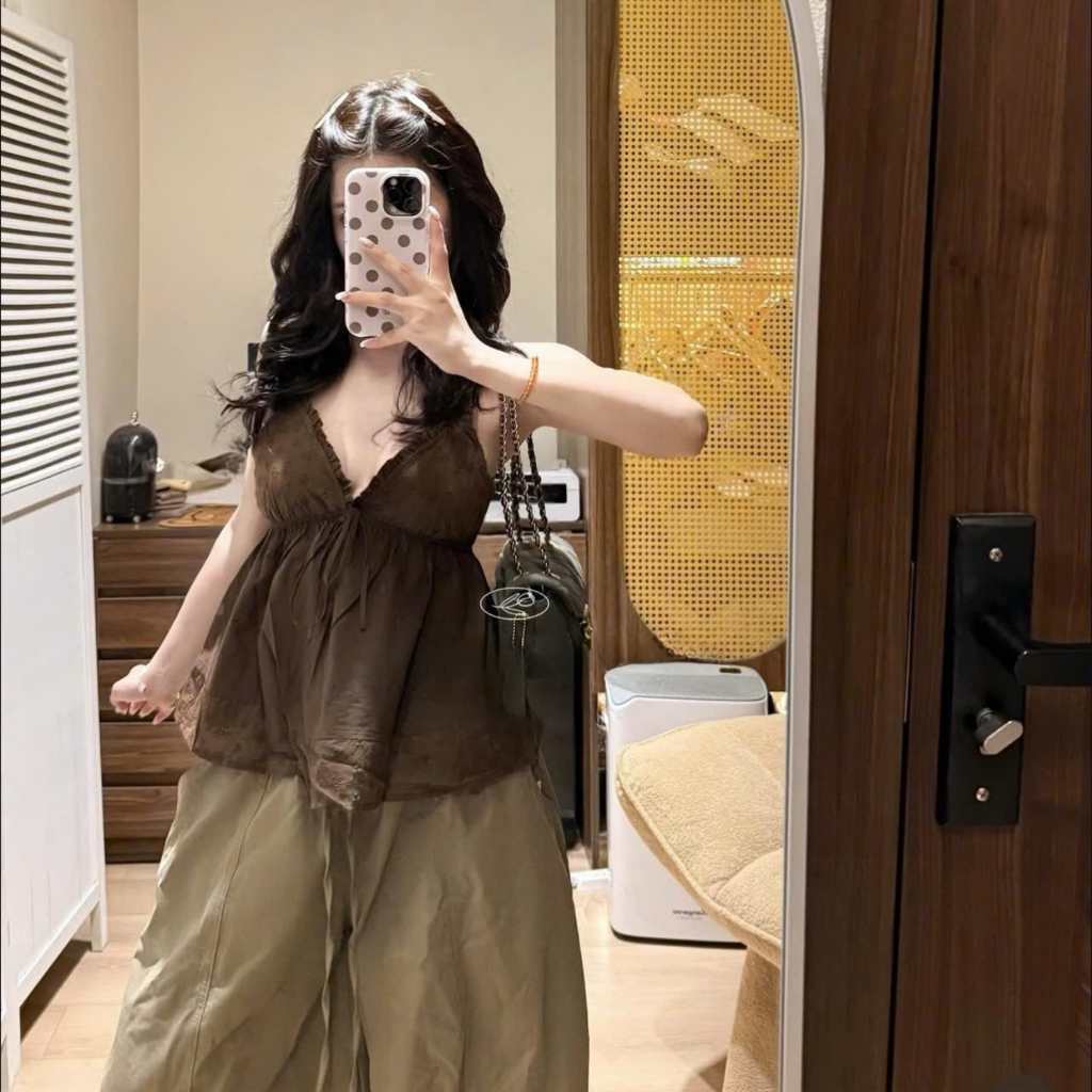 EMLY- Áo Đũi 2 Dây Nữ Phối Ren Dáng Babydoll, Áo 2s Nữ Dáng Xòe Thắt Nơ Vintage