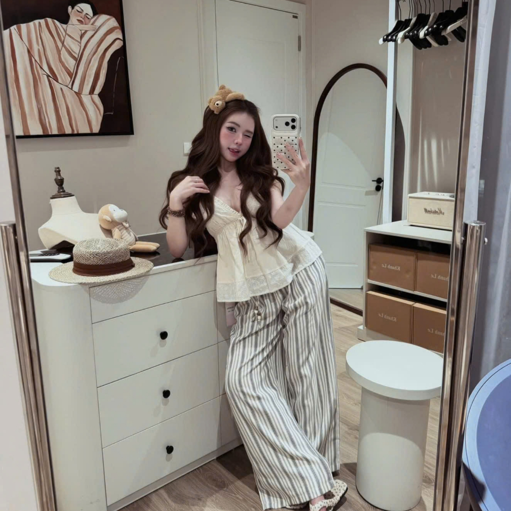 EMLY- Áo Đũi 2 Dây Nữ Phối Ren Dáng Babydoll, Áo 2s Nữ Dáng Xòe Thắt Nơ Vintage