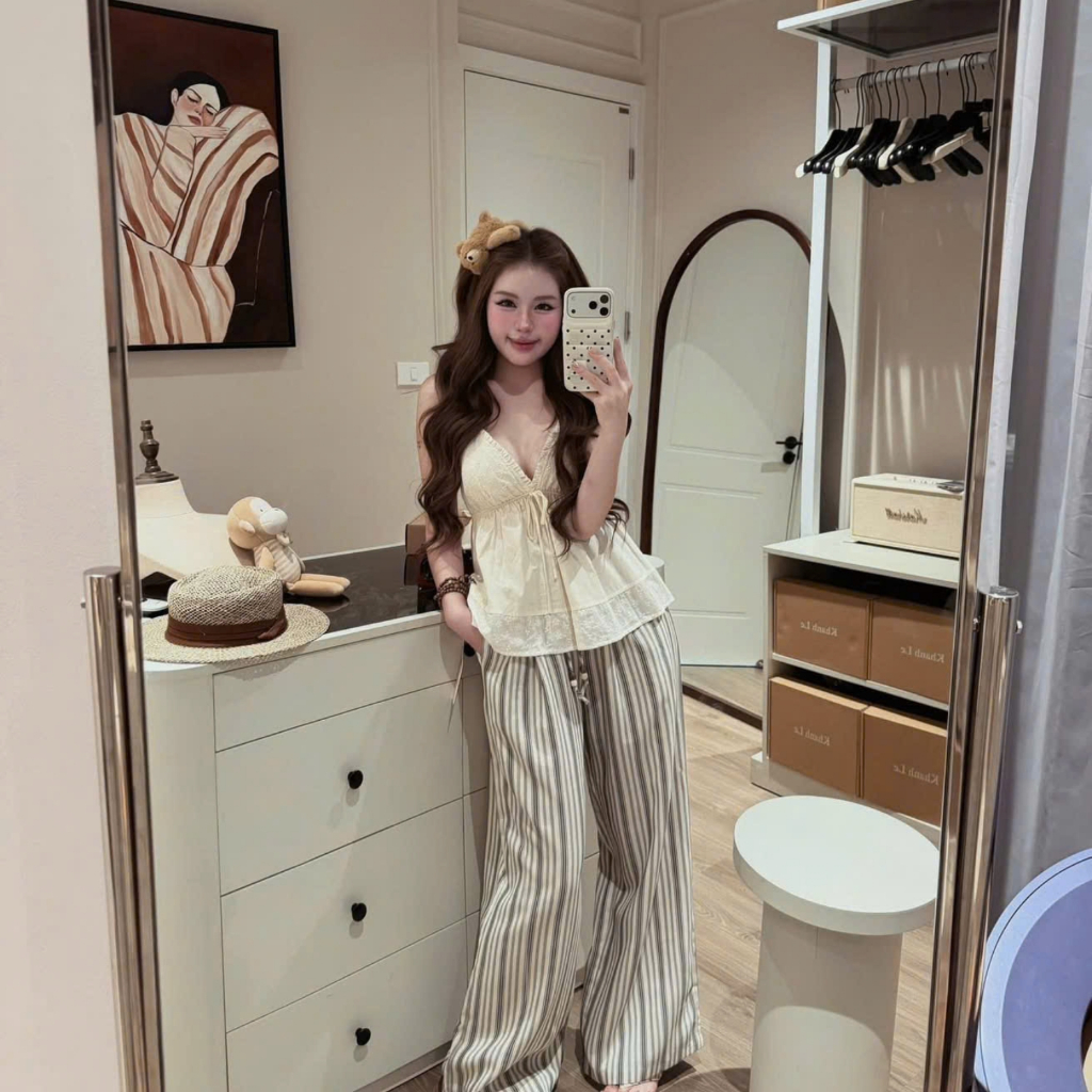 EMLY- Áo Đũi 2 Dây Nữ Phối Ren Dáng Babydoll, Áo 2s Nữ Dáng Xòe Thắt Nơ Vintage