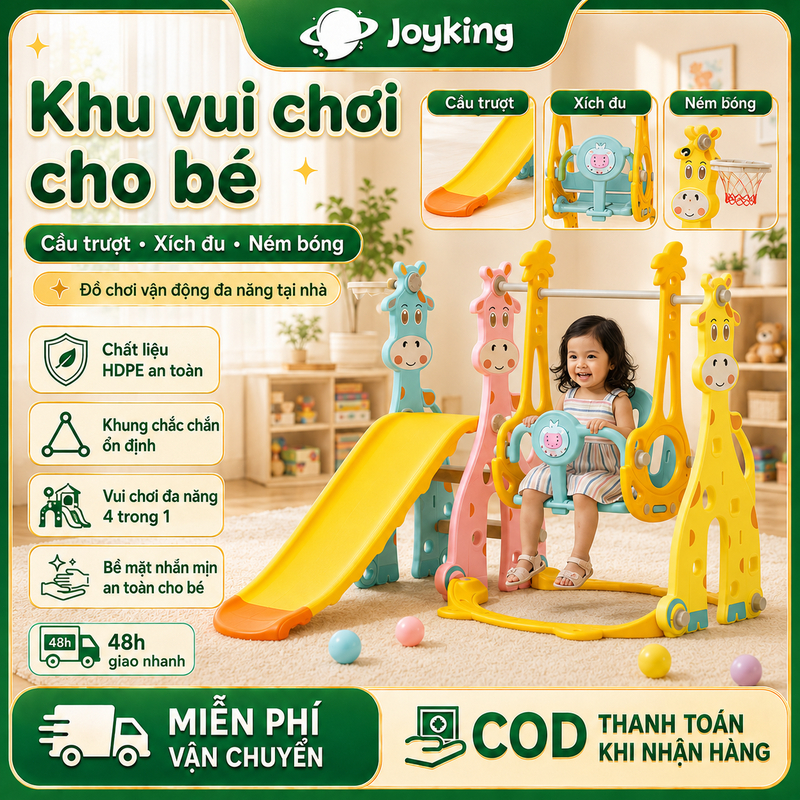 Bộ Cầu Trượt Xích Đu Cho Bé 3 Trong 1 Khu Vui Chơi HDPE 4 Mức Điều Chỉnh Độ Cao Bậc Chống Trượt
