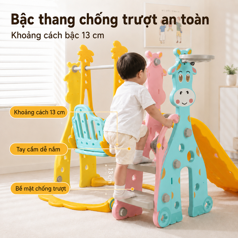 Bộ Cầu Trượt Xích Đu Cho Bé 3 Trong 1 Khu Vui Chơi HDPE 4 Mức Điều Chỉnh Độ Cao Bậc Chống Trượt