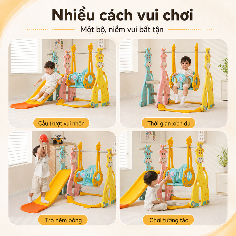 Bộ Cầu Trượt Xích Đu Cho Bé 3 Trong 1 Khu Vui Chơi HDPE 4 Mức Điều Chỉnh Độ Cao Bậc Chống Trượt
