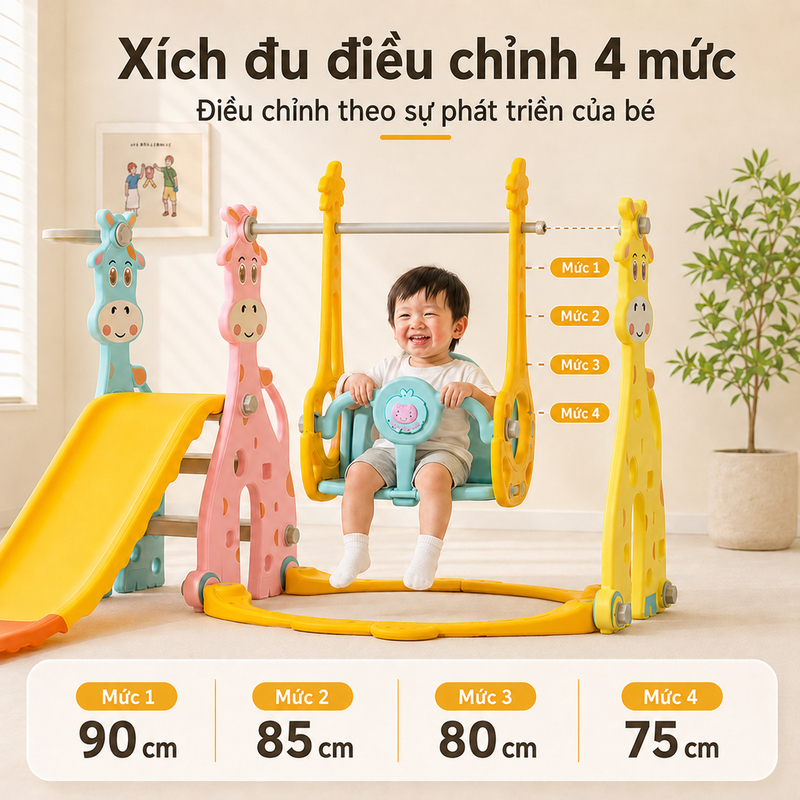 Bộ Cầu Trượt Xích Đu Cho Bé 3 Trong 1 Khu Vui Chơi HDPE 4 Mức Điều Chỉnh Độ Cao Bậc Chống Trượt