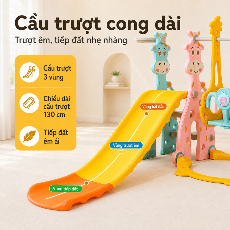 Bộ Cầu Trượt Xích Đu Cho Bé 3 Trong 1 Khu Vui Chơi HDPE 4 Mức Điều Chỉnh Độ Cao Bậc Chống Trượt