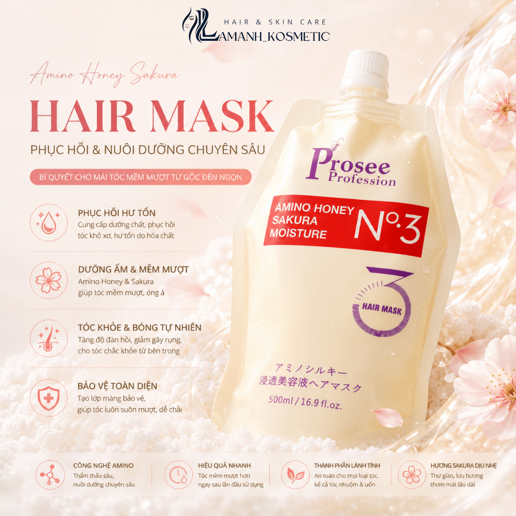 Kem Hấp Ủ Tóc Prosee Amino Honey Sakura Moisture PT5 500ml | Dưỡng Tóc Mềm Mượt, Hỗ Trợ Phục Hồi Tóc Khô Xơ.