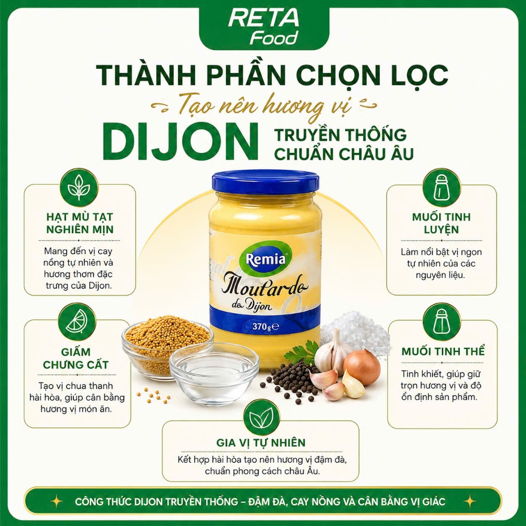 Sốt Mù Tạt Dijon Mustard Remia 370g/850g - Mù Tạt Dijon Vị Cay Nồng Tự Nhiên - Sốt Chấm Steak, BBQ - Nhập khẩu Hà Lan