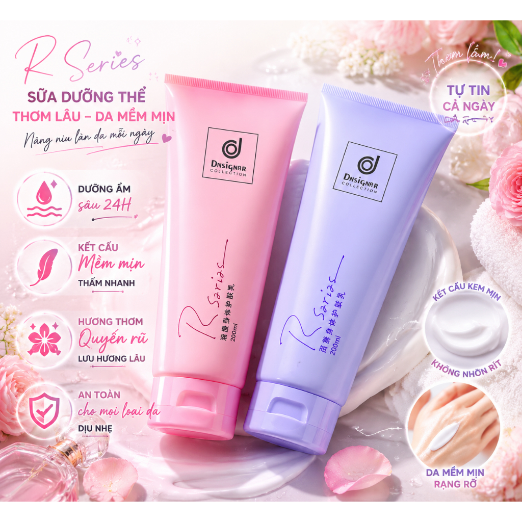Rsarias Kem dưỡng thể,200ML – Dưỡng ẩm 24H + Thơm lâu quyến rũ,da mềm mịn,không nhờn rít,phù hợp mọi loại da