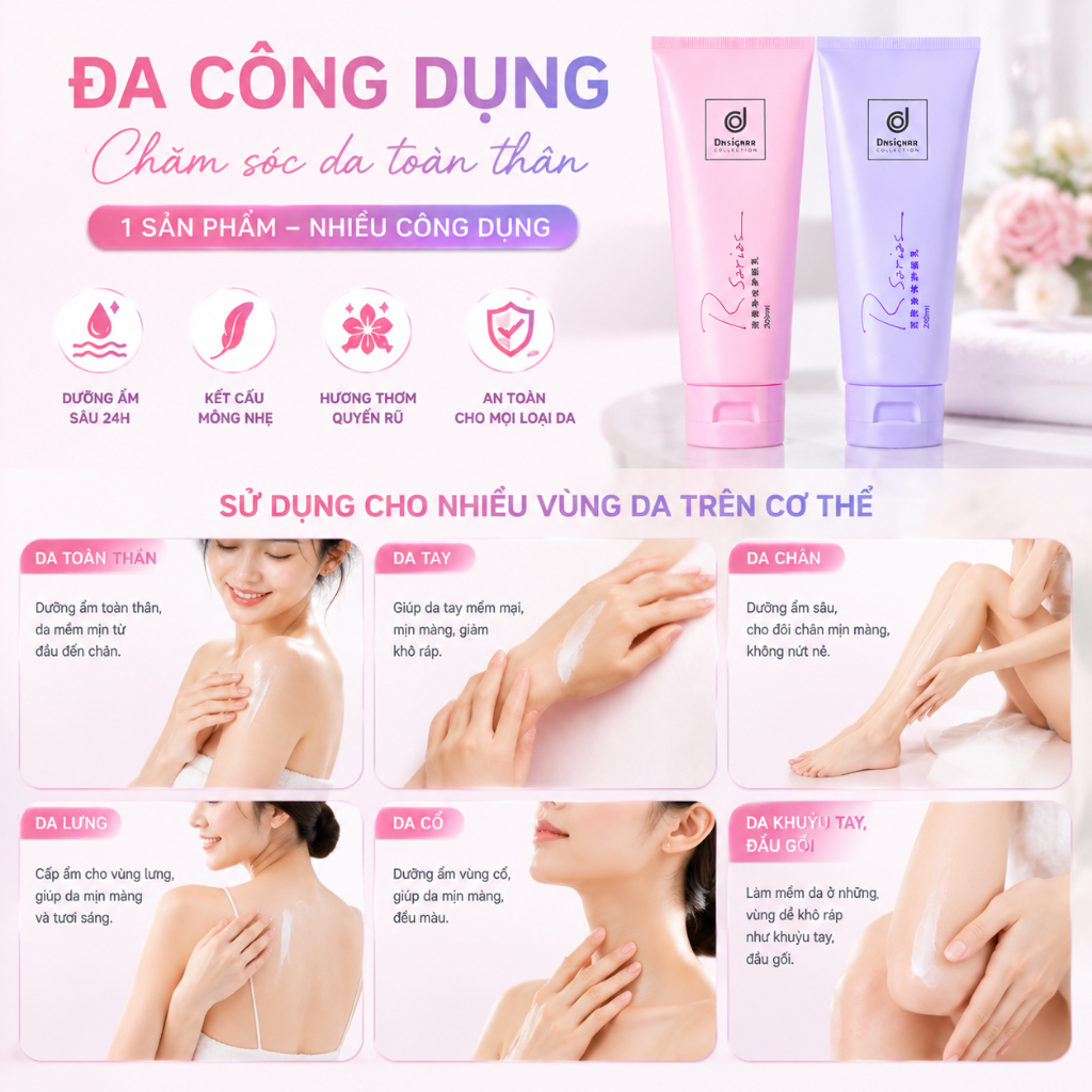 Rsarias Kem dưỡng thể,200ML – Dưỡng ẩm 24H + Thơm lâu quyến rũ,da mềm mịn,không nhờn rít,phù hợp mọi loại da