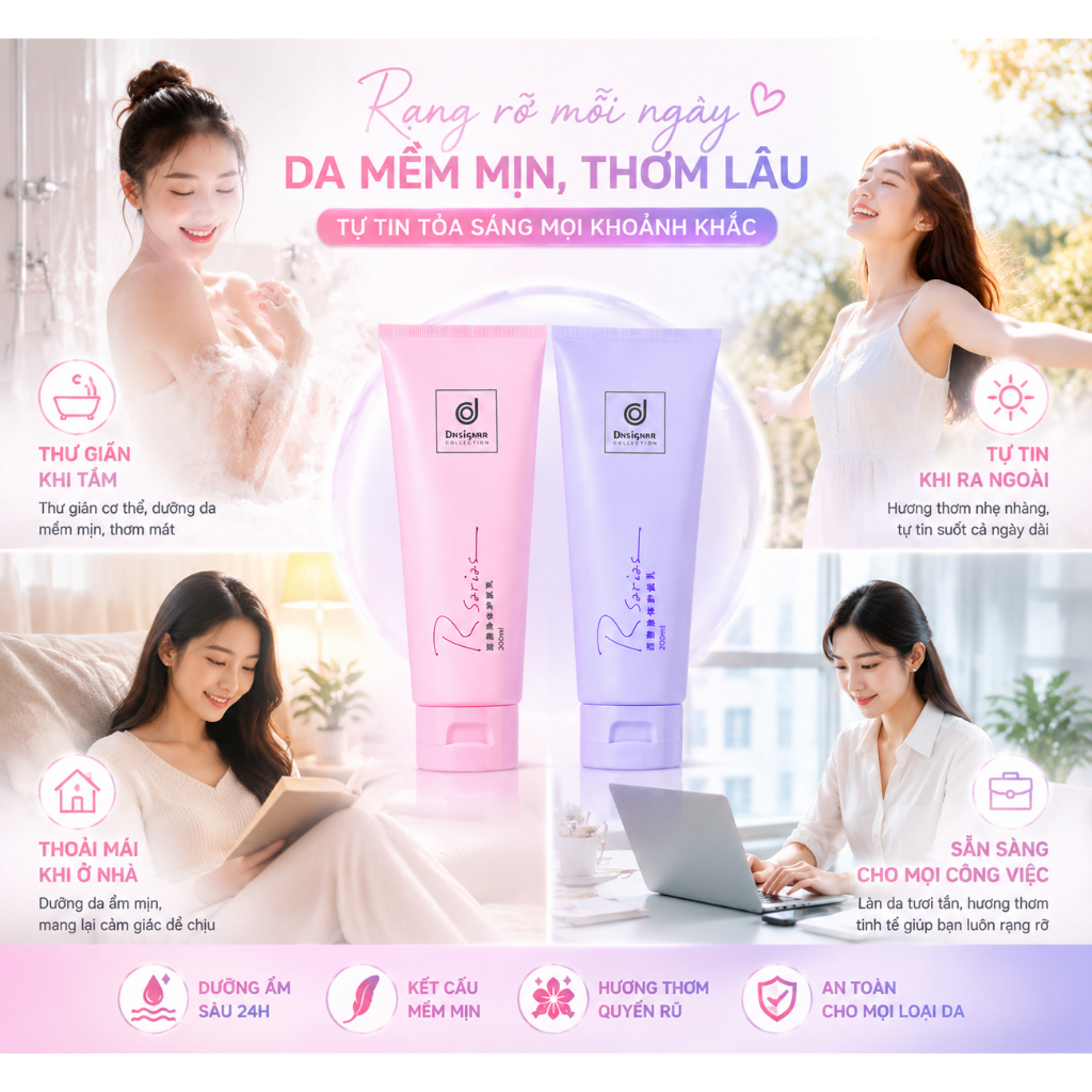 Rsarias Kem dưỡng thể,200ML – Dưỡng ẩm 24H + Thơm lâu quyến rũ,da mềm mịn,không nhờn rít,phù hợp mọi loại da