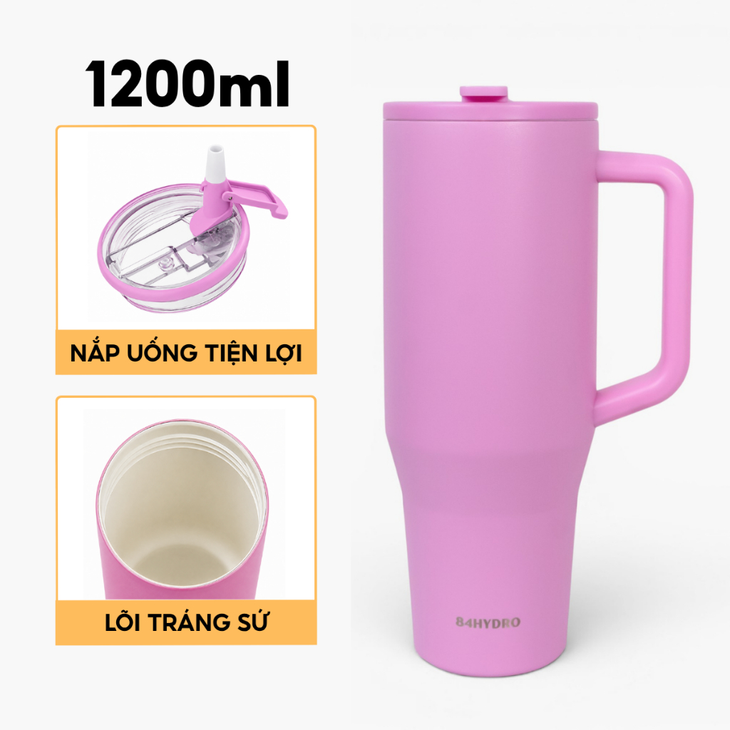 Ly giữ nhiệt lõi tráng sứ 84T1200C Pink, inox304, dung tích lớn 1200ml, khắc tên theo yêu cầu
