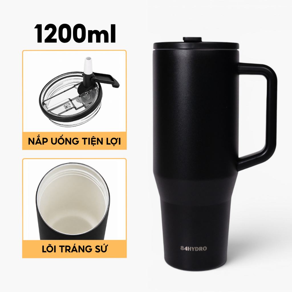 Ly giữ nhiệt lõi tráng sứ 84T1200C All Black, inox304, dung tích lớn 1200ml, khắc tên theo yêu cầu