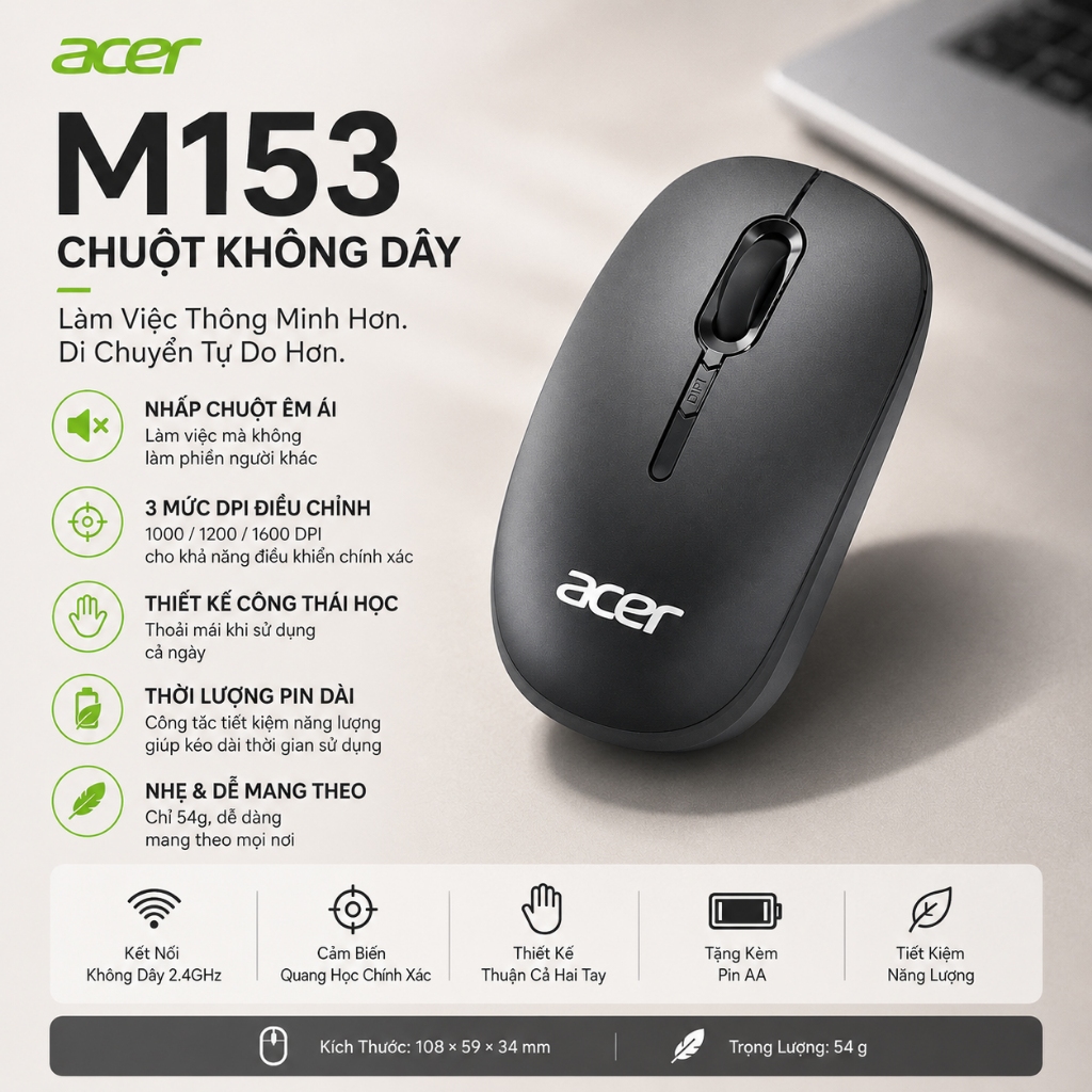 Chuột Không Dây Acer M153 Không Tiếng | BigBuy360 - bigbuy360.vn
