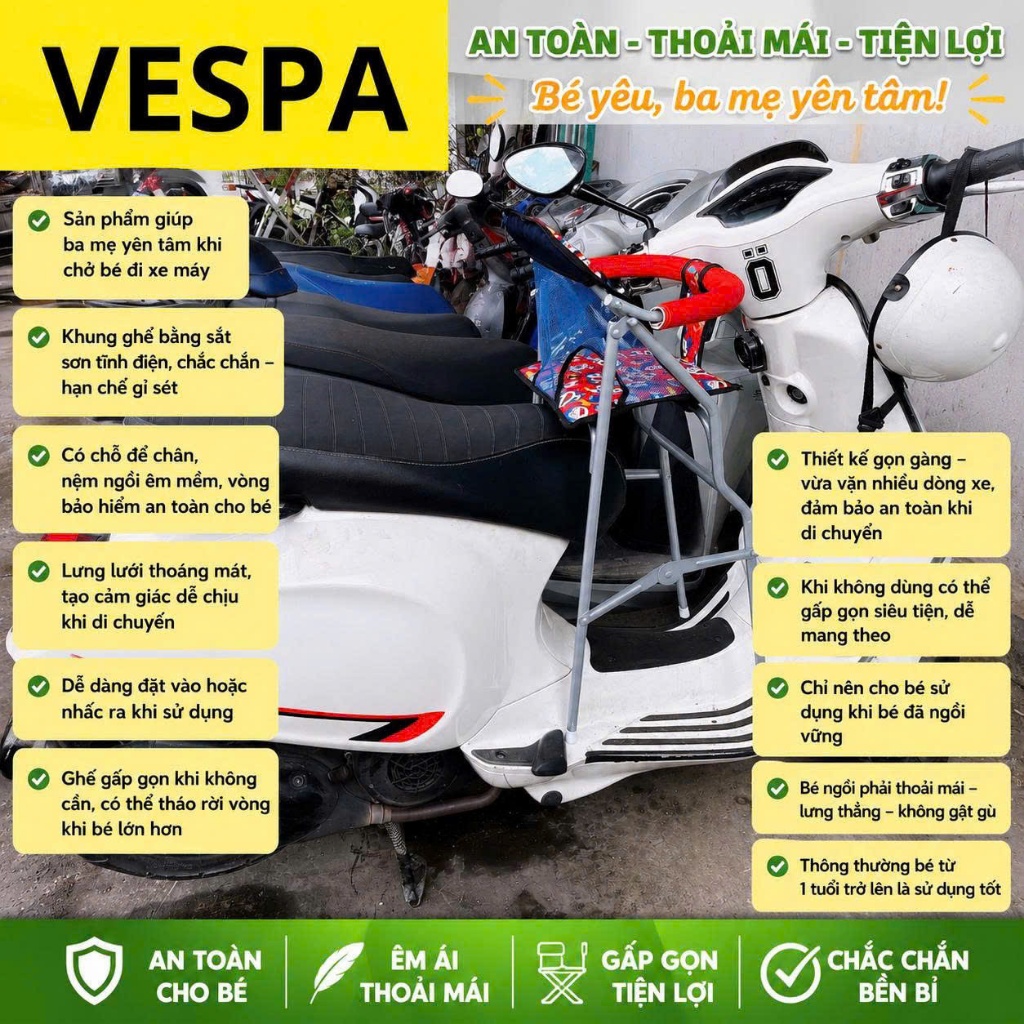Ghế ngồi xe VESPA cho bé , Ghế ga xếp gấp gọn sắt sơn tĩnh điện , AN TOÀN CHO BÉ