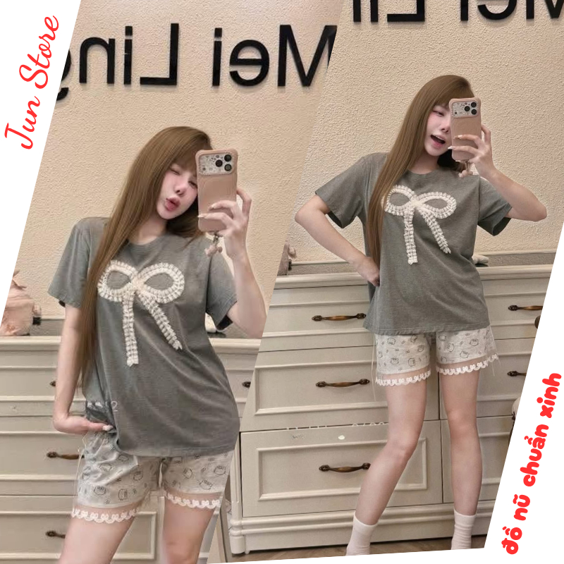 Bộ đồ nữ dễ thương,Áo thun cotton phối nơ ren mix quần đùi kiểu dáng trẻ trung thoải mái  HCOM27576