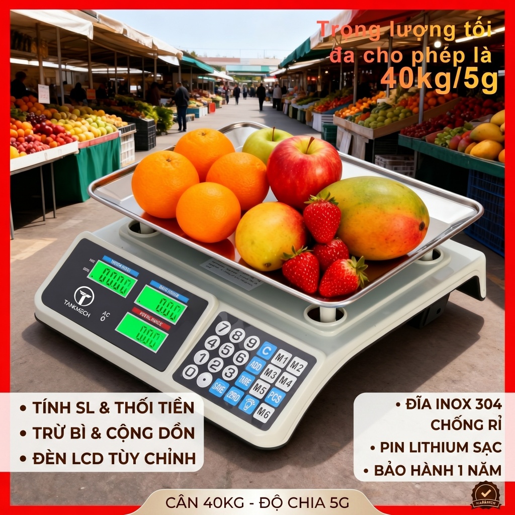 cân điện tử TANKMECH 40kg/5g - Cân tính tiền tiếng việt cao cấp  Cân điện tử dùng sạc hoặc pin màn hình hiển thị 2 mặt