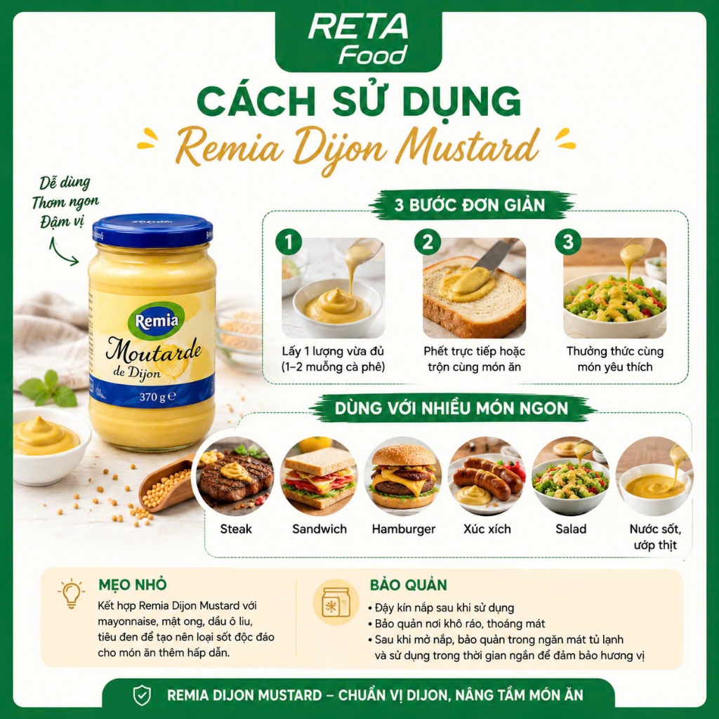 Sốt Mù Tạt Dijon Mustard Remia 370g/850g - Mù Tạt Dijon Vị Cay Nồng Tự Nhiên - Sốt Chấm Steak, BBQ - Nhập khẩu Hà Lan