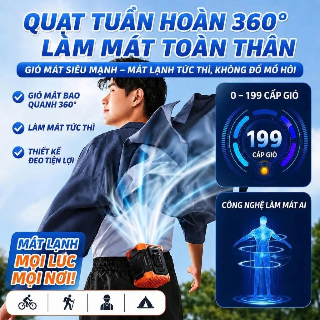Quạt Điều Hoà Đeo Thắt Lưng SÒ LẠNH Z10 PRO, Quạt Đeo Cổ Kẹp Áo 199 Cấp Độ Gió Pin Trâu 12.000mAh