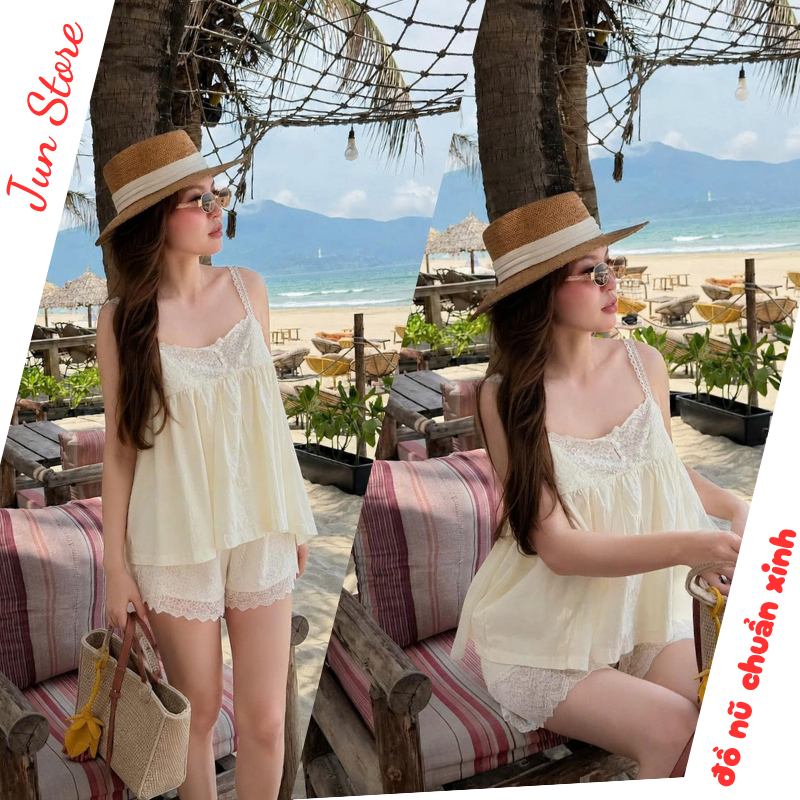 Set diofof nữ,Áo hai dây cổ vuông màu kem siêu xinh quần đùi viền ren HCOM27545