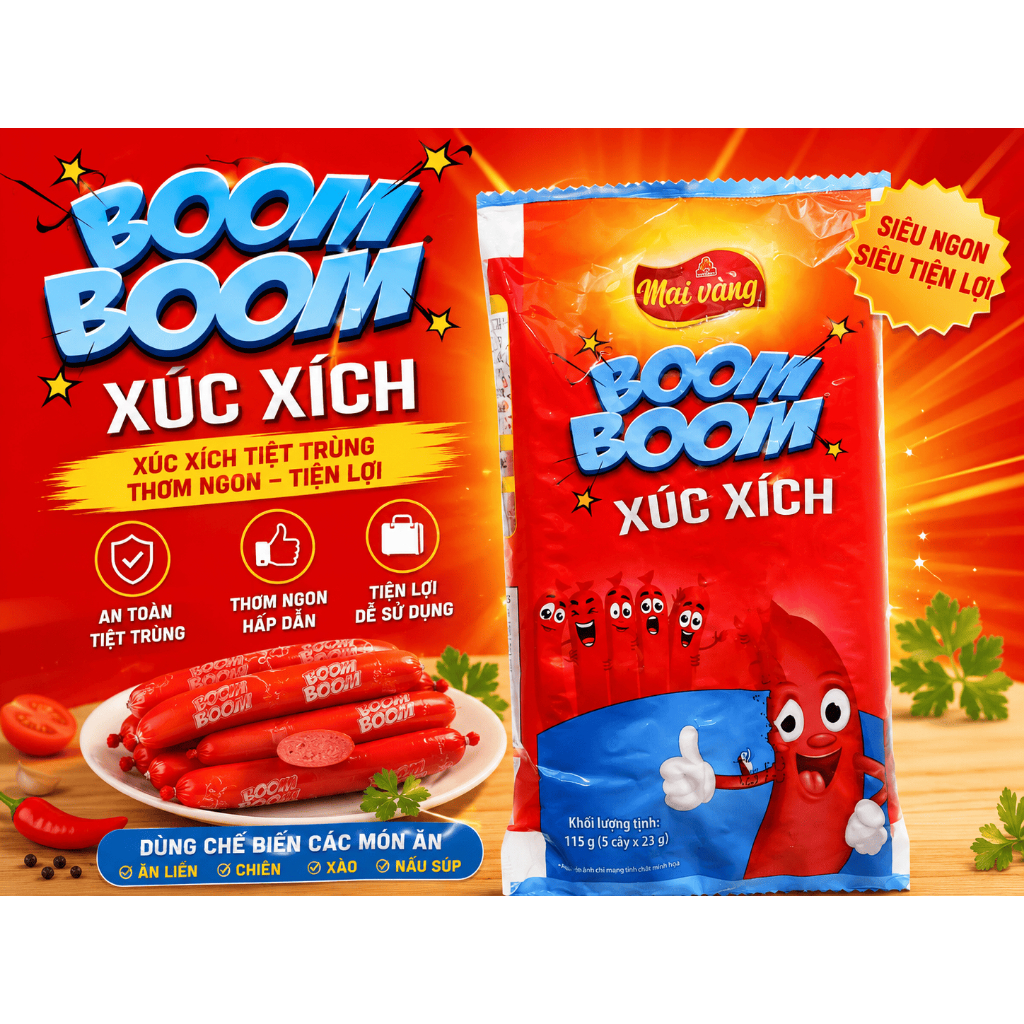 [Thùng 100 cây] Xúc Xích Vissan Boom Boom 23g – Chính Hãng, Date Mới, Ăn Liền