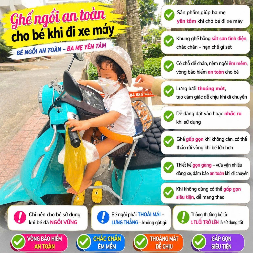 GHẾ GA XẾP SẮT SƠN TĨNH ĐIỆN XE EVO AN TOÀN CHO BÉ