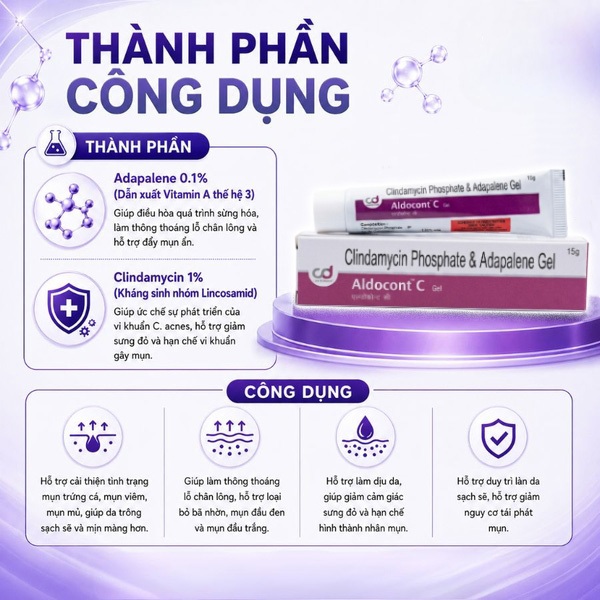 Mụn Aldocont C Adapalene Gel Giảm Mụn Bọc Mụn Viêm Dành Cho Da Nhạy Cảm Gel 15g