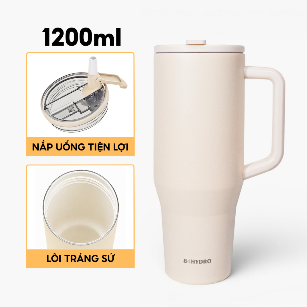 Ly giữ nhiệt lõi tráng sứ 84T1200C Cream White, inox304, dung tích lớn 1200ml, khắc tên theo yêu cầu