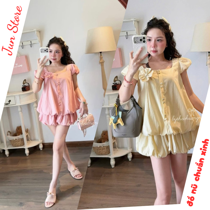 Set đồ nữ, Đồ bộ nữ chất vải đũi mền mại áo tay bồng thắt nơ hoa phối quần bí siêu xinh HCOM27636