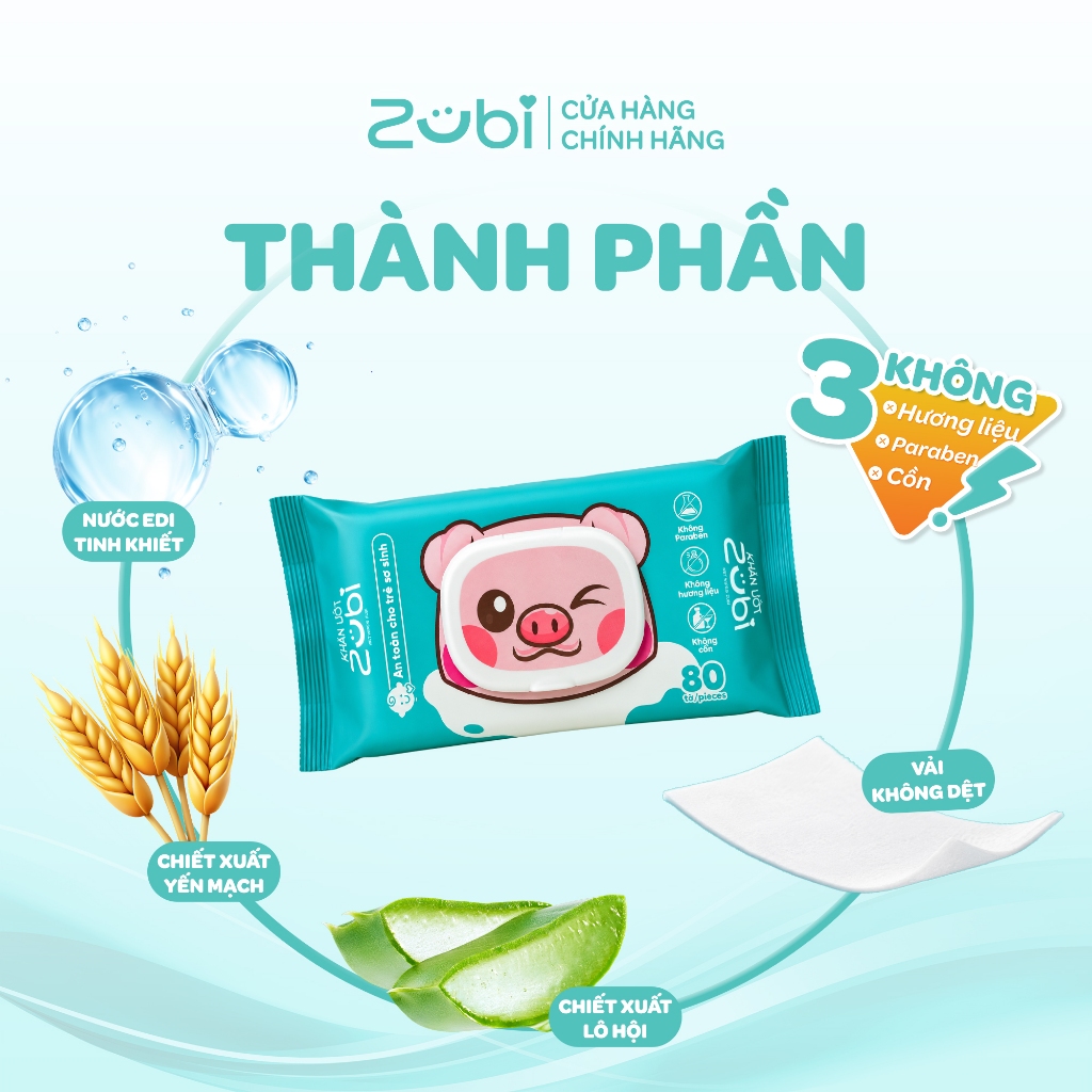 Khăn Ướt Zubi Chiết Xuất Yến Mạch và Lô Hội 100% Vải Không Dệt Mềm Dai Cực Sạch Không Cồn Không Hương Liệu Dr.Papie