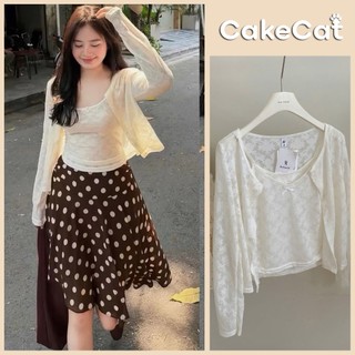 Set Áo Nữ 2 Món Áo Hai Dây Đính Nơ & Cardigan Ren Thêu Flora Twinset Nàng Thơ - Cakecat