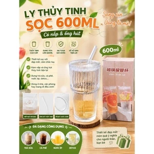 Ly thủy tinh sọc có nắp size 600ml tặng kèm ống hút