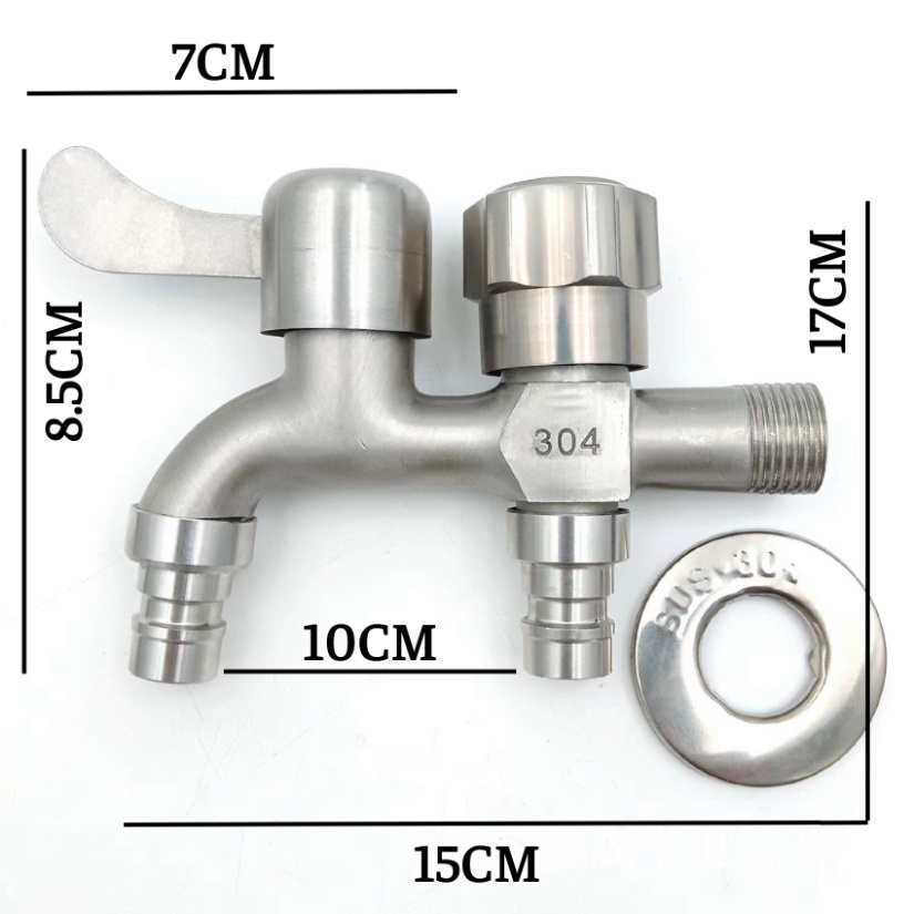 Vòi nước 2 đầu ra inox 304, Vòi nước 2 đầu cho máy giặt chia nước thành 2 cổng xả độc lập, chất liệu Inox 304