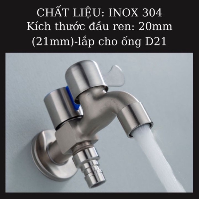 Vòi nước 2 đầu ra inox 304, Vòi nước 2 đầu cho máy giặt chia nước thành 2 cổng xả độc lập, chất liệu Inox 304