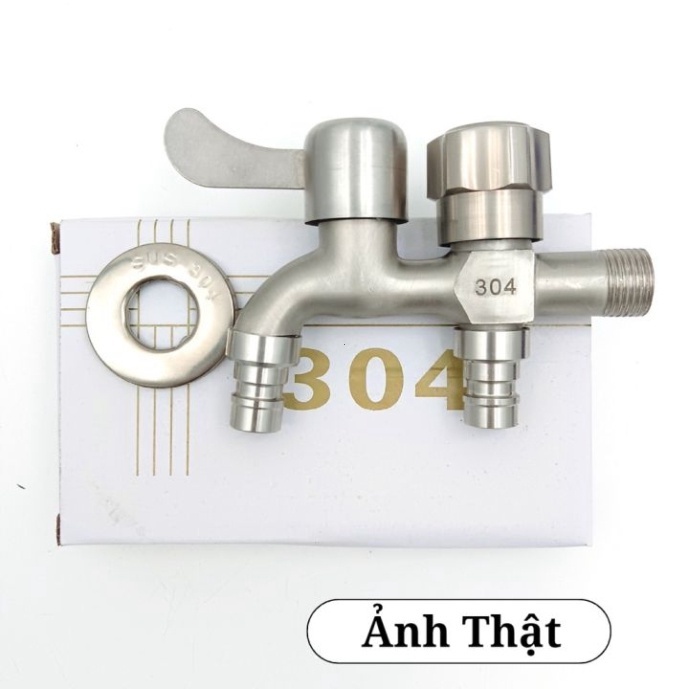 Vòi nước 2 đầu ra inox 304, Vòi nước 2 đầu cho máy giặt chia nước thành 2 cổng xả độc lập, chất liệu Inox 304