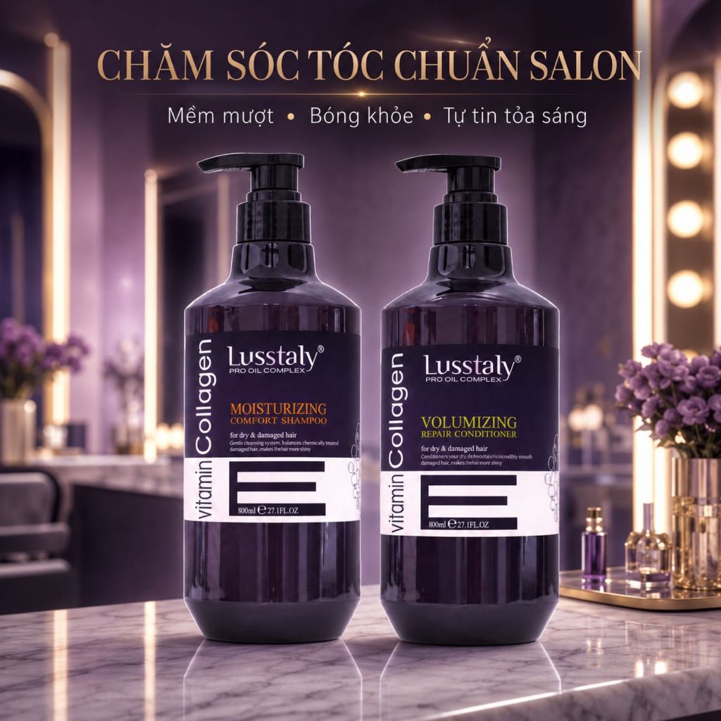 Combo Dầu Gội Xả LUSSTALY Vitamin E Collagen 500ml - 800ml|Dưỡng Ẩm Tóc Khô Xơ,Mềm Mượt & Bóng Khỏe