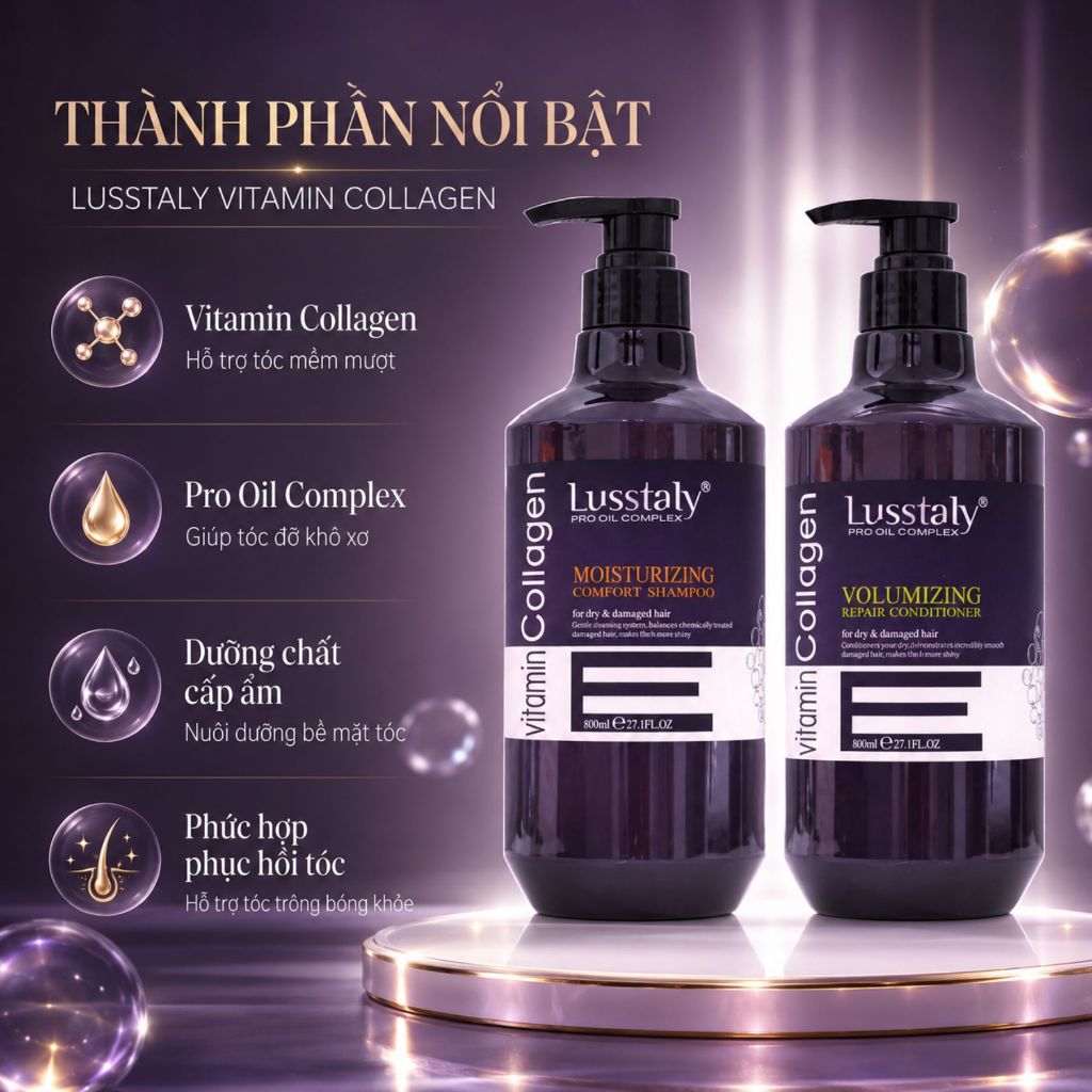 Combo Dầu Gội Xả LUSSTALY Vitamin E Collagen 500ml - 800ml|Dưỡng Ẩm Tóc Khô Xơ,Mềm Mượt & Bóng Khỏe