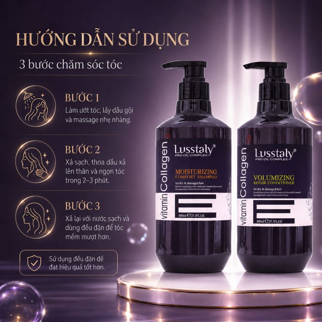 Combo Dầu Gội Xả LUSSTALY Vitamin E Collagen 500ml - 800ml|Dưỡng Ẩm Tóc Khô Xơ,Mềm Mượt & Bóng Khỏe