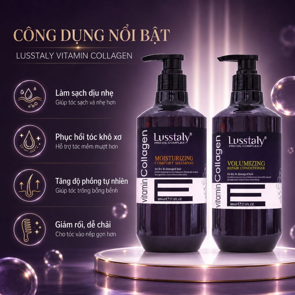 Combo Dầu Gội Xả LUSSTALY Vitamin E Collagen 500ml - 800ml|Dưỡng Ẩm Tóc Khô Xơ,Mềm Mượt & Bóng Khỏe