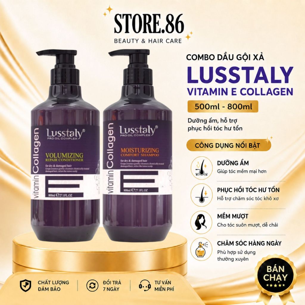 Combo Dầu Gội Xả LUSSTALY Vitamin E Collagen 500ml - 800ml|Dưỡng Ẩm Tóc Khô Xơ,Mềm Mượt & Bóng Khỏe