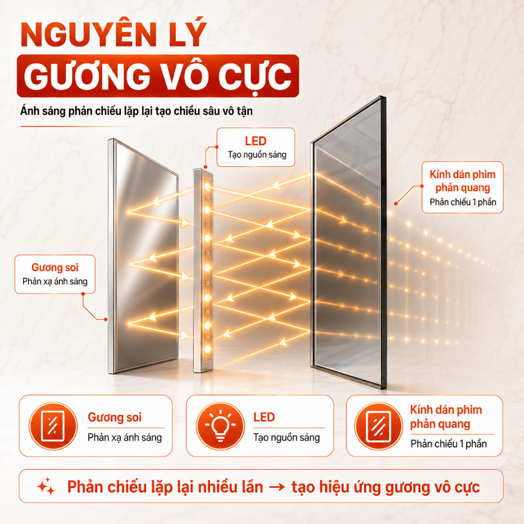 Phim dán kính làm Gương Led Vô Cực, Hộp Đèn Vô Cực, Gương Vô Tận