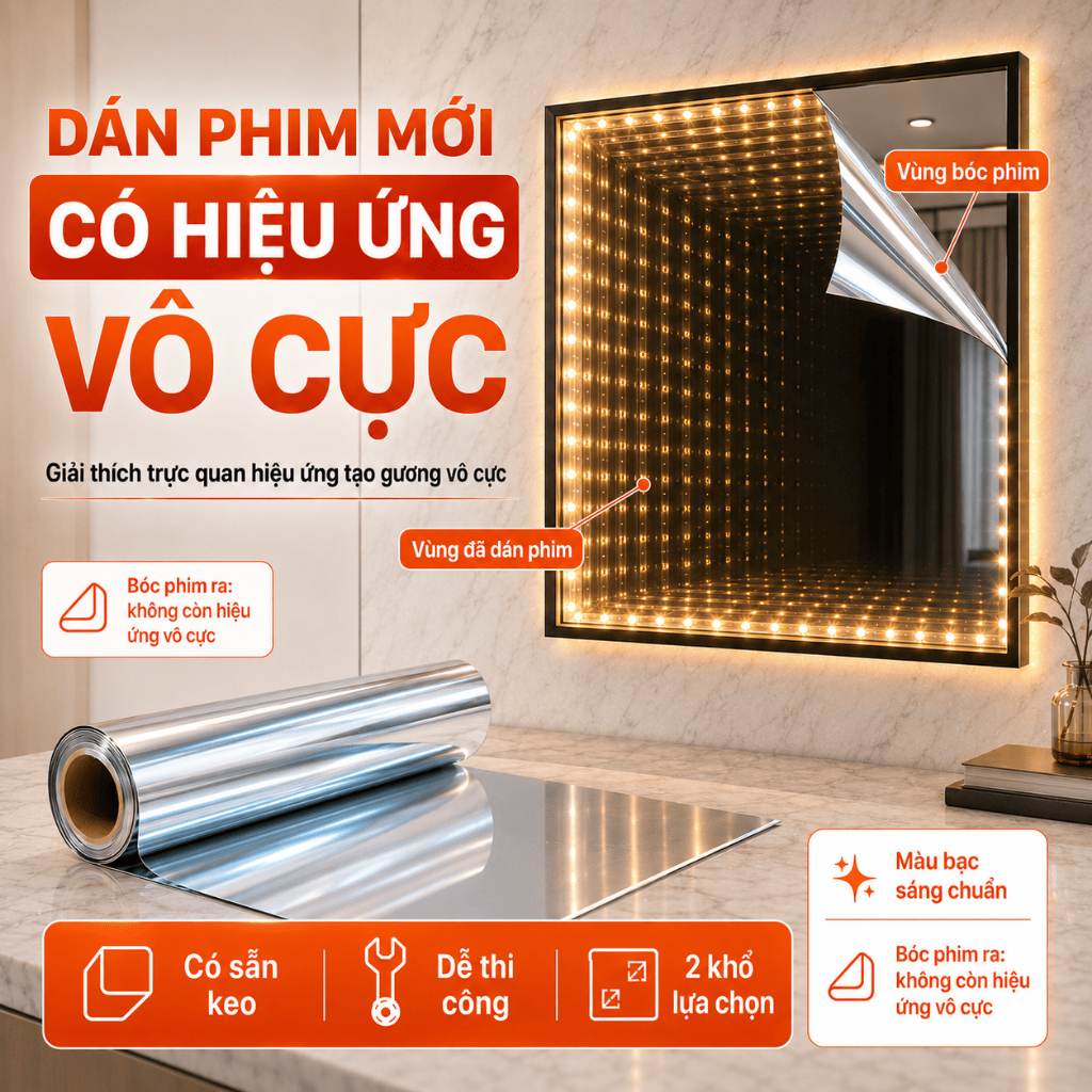 Phim dán kính làm Gương Led Vô Cực, Hộp Đèn Vô Cực, Gương Vô Tận