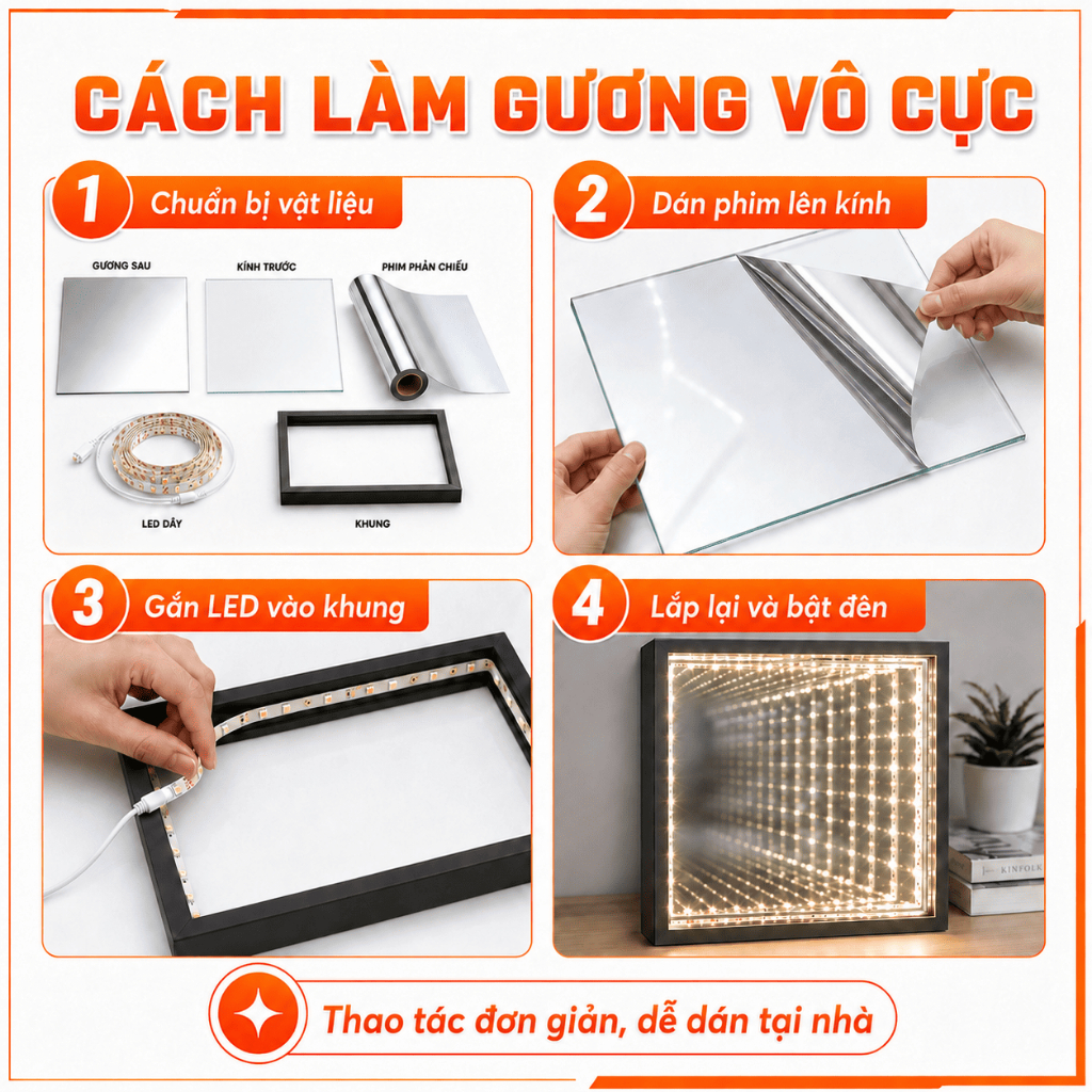 Phim dán kính làm Gương Led Vô Cực, Hộp Đèn Vô Cực, Gương Vô Tận
